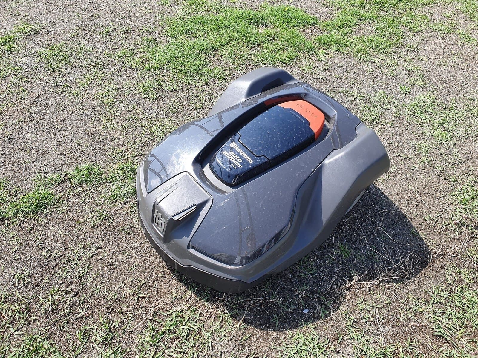 Nahaufnahme eines Mähroboters auf dem Rasen